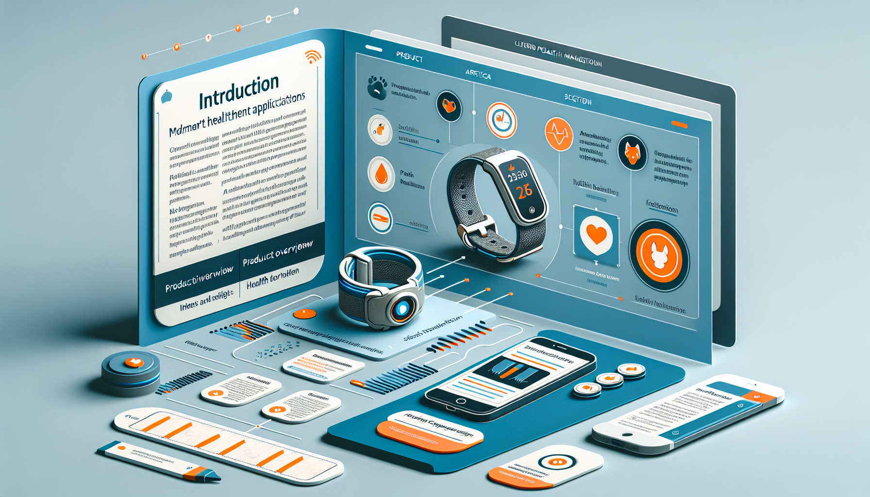 Smart pet collar with GPS tracker and activity monitor, showcasing health data in a clean, modern, tech-focused design.