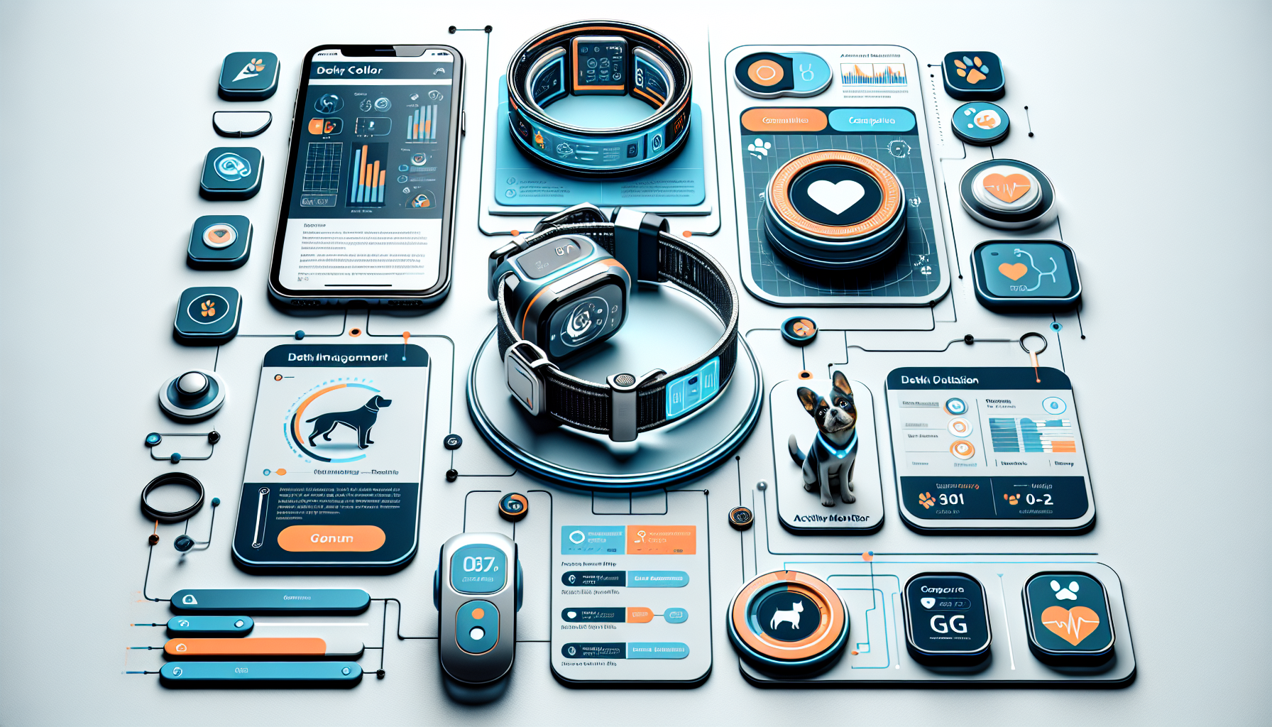 Smart pet collar with GPS tracker and activity monitor, showcasing health data in a clean, modern infographic style.
