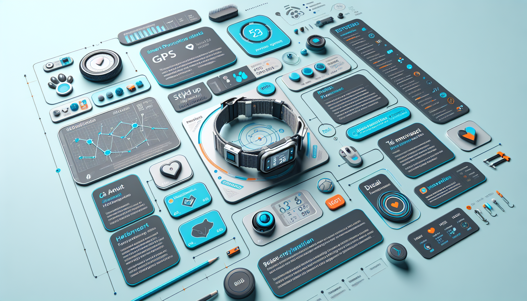 Smart pet collar with GPS tracker and activity monitor, displaying health data, in a modern tech-focused design.