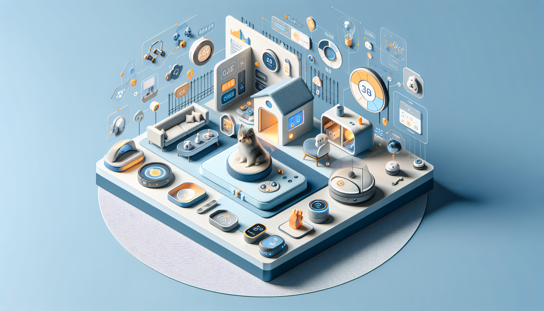 Image showing smart home automation with IoT devices and connected pet gadgets in a clean, modern layout.